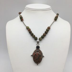 Sterling silver pendant natural gem stones unakite handmade jewelry necklace